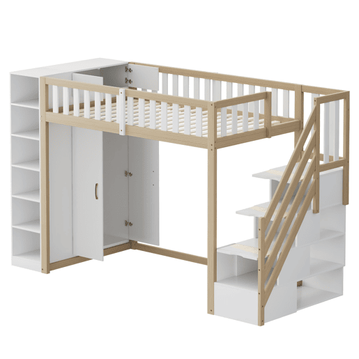 Cama alta multifuncional 90x200 cm - Com prateleiras, armário e escada de segurança - Branco + madeira natural