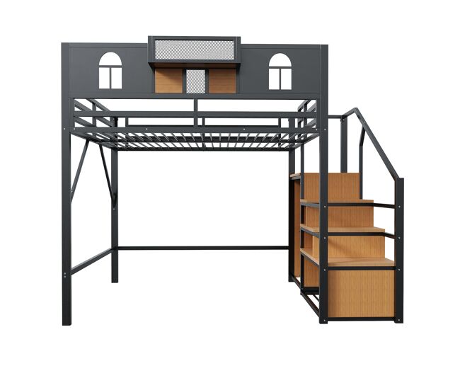 Cama alta metálica 140x200 cm - con escalera de almacenamiento, ventana, madera y malla, estructura metálica, negro