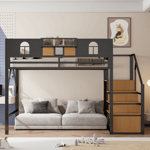 Cama alta metálica 140x200 cm - Com escada de armazenamento, janela, madeira e rede, estrutura metálica, preta