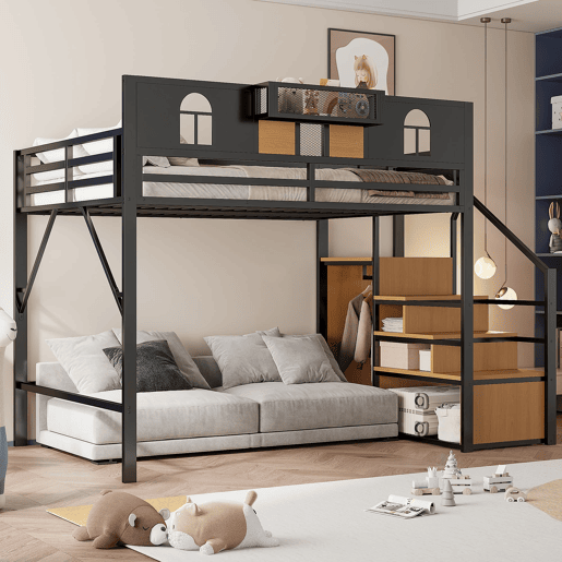 Cama alta metálica 140x200 cm - Com escada de armazenamento, janela, madeira e rede, estrutura metálica, preta