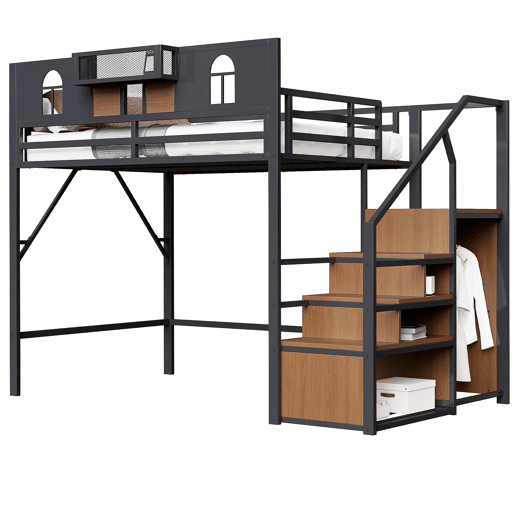 Cama alta metálica 140x200 cm - Com escada de armazenamento, janela, madeira e rede, estrutura metálica, preta