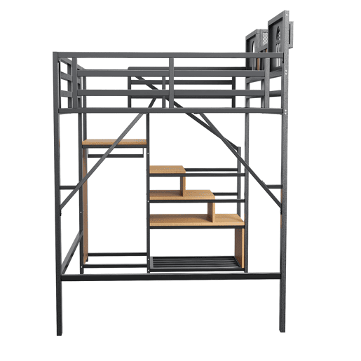 Cama alta metálica 140x200 cm - Com escada de armazenamento, janela, madeira e rede, estrutura metálica, preta