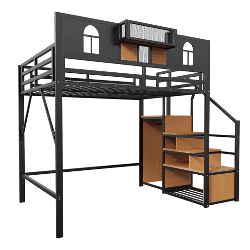 Cama alta metálica 140x200 cm - Com escada de armazenamento, janela, madeira e rede, estrutura metálica, preta