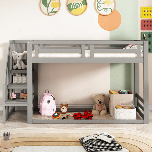 Cama infantil 90x200 cm - Beliche baixo com escada de segurança - Estrutura em madeira maciça - Cinza