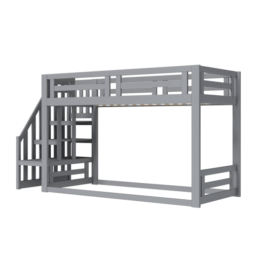 Cama infantil 90x200 cm - Beliche baixo com escada de segurança - Estrutura em madeira maciça - Cinza