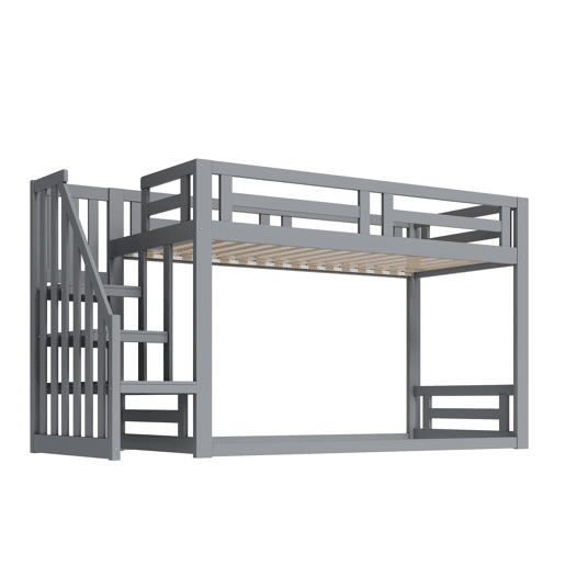 Cama infantil 90x200 cm - Beliche baixo com escada de segurança - Estrutura em madeira maciça - Cinza