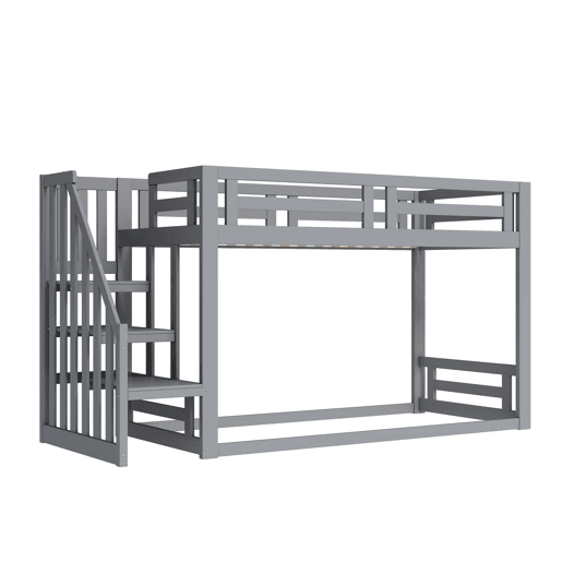 Cama infantil 90x200 cm - Beliche baixo com escada de segurança - Estrutura em madeira maciça - Cinza