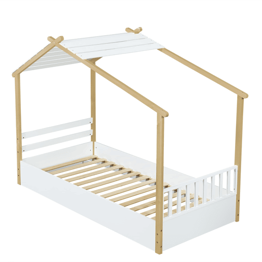 Cama infantil 90x190cm - Design de casa de madeira, ripas estáveis, cor branca+natural