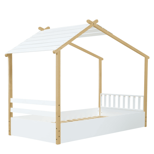 Cama infantil 90x190cm - Design de casa de madeira, ripas estáveis, cor branca+natural