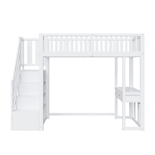 Cama alta 90x200 cm - Mesa multifuncional, escada de armazenamento segura, estrutura em madeira de pinho, branca