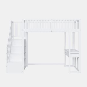 Cama alta 90x200 cm - Mesa multifuncional, escada de armazenamento segura, estrutura em madeira de pinho, branca