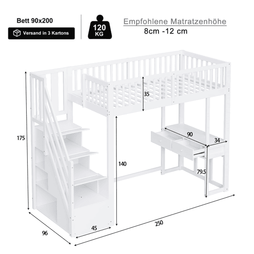 Cama alta 90x200 cm - Mesa multifuncional, escada de armazenamento segura, estrutura em madeira de pinho, branca