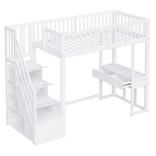 Cama alta 90x200 cm - Mesa multifuncional, escada de armazenamento segura, estrutura em madeira de pinho, branca