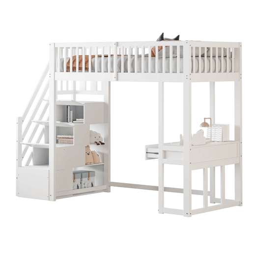 Cama alta 90x200 cm - Mesa multifuncional, escada de armazenamento segura, estrutura em madeira de pinho, branca