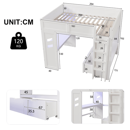Cama alta 140x200 cm - Com secretária, LED, 1 USB, 1 Type-C, prateleira, sem colchão - Branco