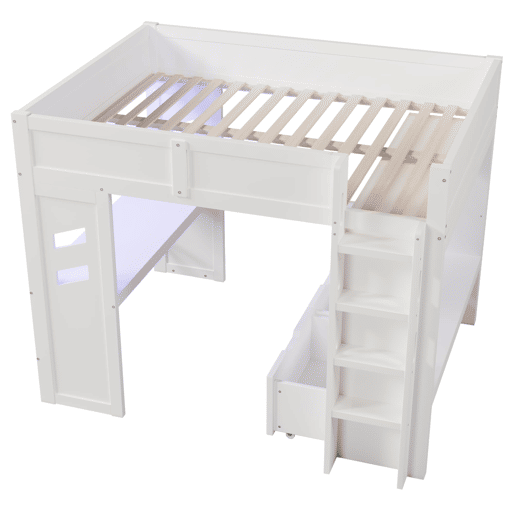 Cama alta 140x200 cm - Com secretária, LED, 1 USB, 1 Type-C, prateleira, sem colchão - Branco