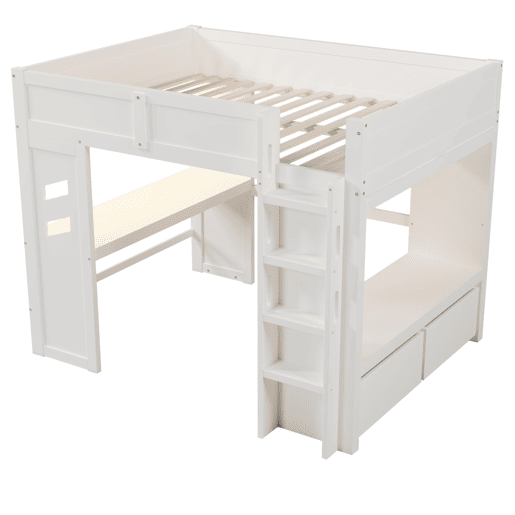 Cama alta 140x200 cm - Com secretária, LED, 1 USB, 1 Type-C, prateleira, sem colchão - Branco