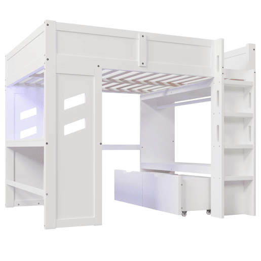 Cama alta 140x200 cm - Com secretária, LED, 1 USB, 1 Type-C, prateleira, sem colchão - Branco