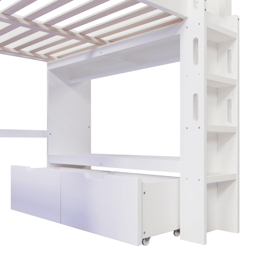 Cama alta 140x200 cm - Com secretária, LED, 1 USB, 1 Type-C, prateleira, sem colchão - Branco