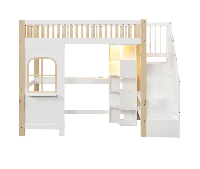 Cama alta 90x200 cm - con luces led, ventana, escalera con almacenamiento, escritorio, enchufe - blanco+natural