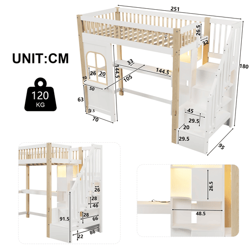 Cama alta 90x200 cm - Com luzes LED, janela, escada com arrumação, secretária, tomada - Branco+Natural
