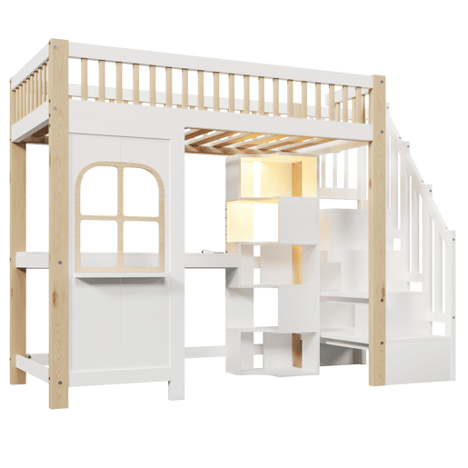 Cama alta 90x200 cm - Com luzes LED, janela, escada com arrumação, secretária, tomada - Branco+Natural