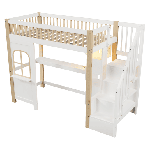 Cama alta 90x200 cm - Com luzes LED, janela, escada com arrumação, secretária, tomada - Branco+Natural