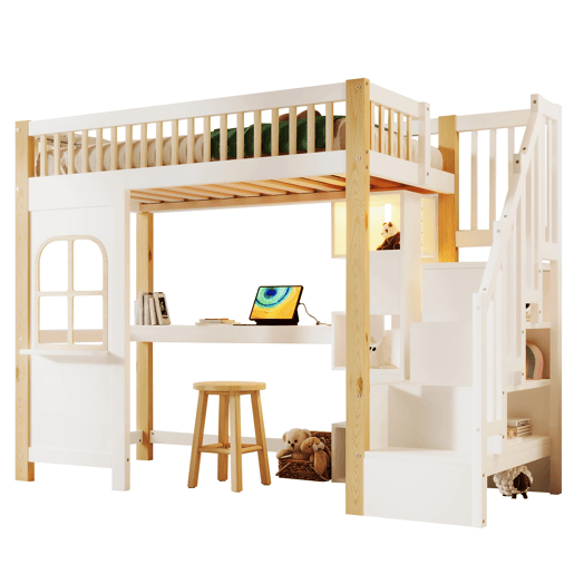 Cama alta 90x200 cm - Com luzes LED, janela, escada com arrumação, secretária, tomada - Branco+Natural