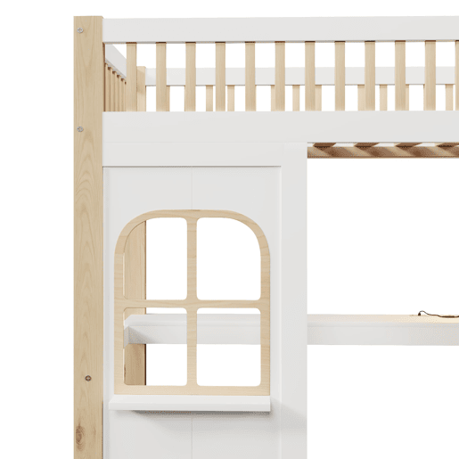 Cama alta 90x200 cm - Com luzes LED, janela, escada com arrumação, secretária, tomada - Branco+Natural