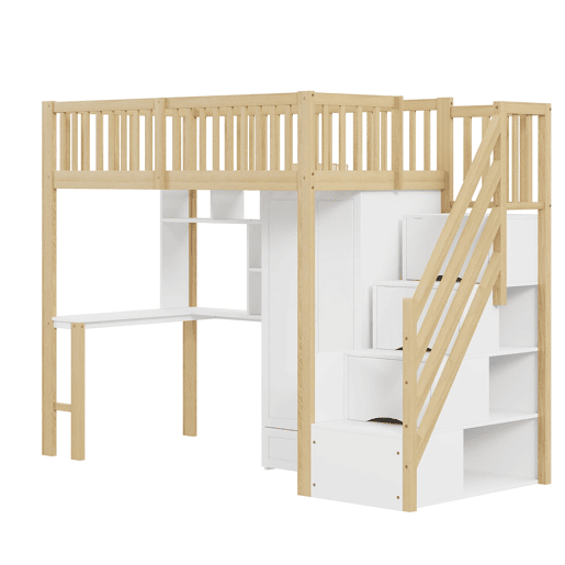 Cama alta 90x200 - Com armário grande, prateleira e mesa, escada com arrumação - Cor madeira
