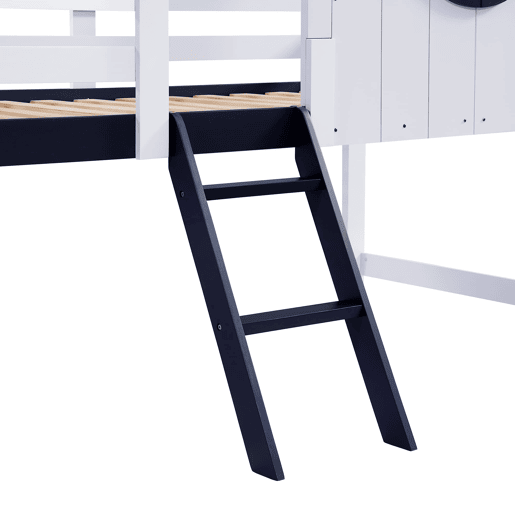 Beliche 90x200cm - Cama infantil com teto e janela, escada inclinada, gaveta com rodas - Branco+Azul