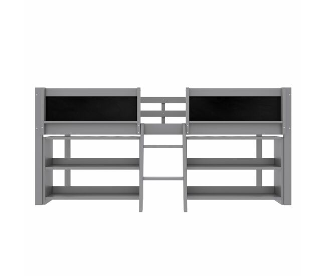 Cama semi alta 90x200 cm - estantes de almacenamiento, barandilla, escalera, estilo minimalista, gris