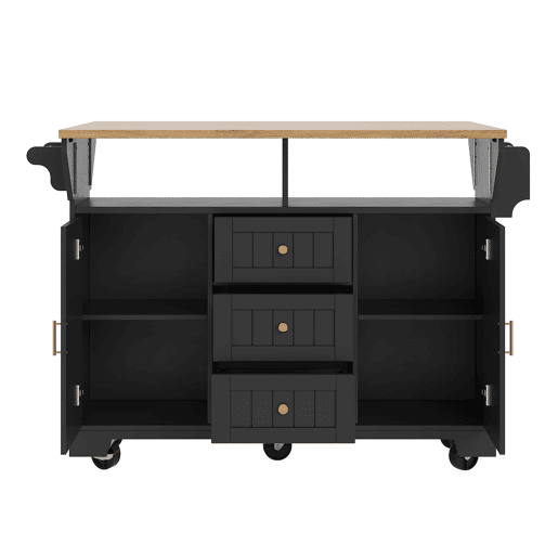 Ilha de cozinha 120x40(80)x95 cm - Carrinho com rodas, extensível, com suporte para toalhas e prateleira para especiarias, 2 portas, 3 gavetas - Preto