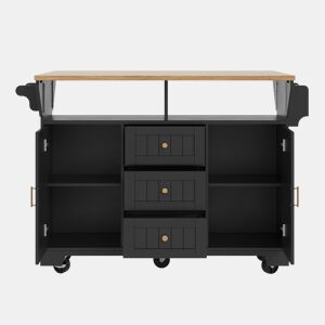 Ilha de cozinha 120x40(80)x95 cm - Carrinho com rodas, extensível, com suporte para toalhas e prateleira para especiarias, 2 portas, 3 gavetas - Preto
