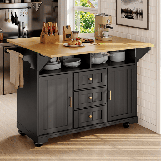 Ilha de cozinha 120x40(80)x95 cm - Carrinho com rodas, extensível, com suporte para toalhas e prateleira para especiarias, 2 portas, 3 gavetas - Preto