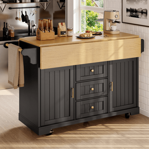 Ilha de cozinha 120x40(80)x95 cm - Carrinho com rodas, extensível, com suporte para toalhas e prateleira para especiarias, 2 portas, 3 gavetas - Preto