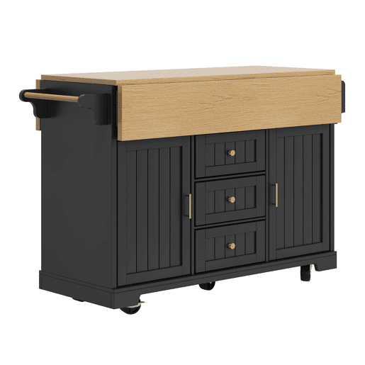 Ilha de cozinha 120x40(80)x95 cm - Carrinho com rodas, extensível, com suporte para toalhas e prateleira para especiarias, 2 portas, 3 gavetas - Preto