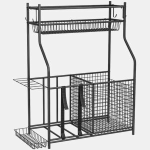 SPORTNOW Organizador de Equipamentos Desportivos Armazenamento de Bolas para Garagem com Cesta Ganchos Removíveis e Faixas Elásticas Suporte para Bolas de Basquetebol Futebol para Casa Ginásio 92x42x109 cm Preto