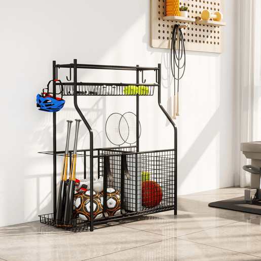 SPORTNOW Organizador de Equipamentos Desportivos Armazenamento de Bolas para Garagem com Cesta Ganchos Removíveis e Faixas Elásticas Suporte para Bolas de Basquetebol Futebol para Casa Ginásio 92x42x109 cm Preto