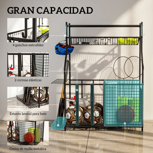 SPORTNOW Organizador de Equipamentos Desportivos Armazenamento de Bolas para Garagem com Cesta Ganchos Removíveis e Faixas Elásticas Suporte para Bolas de Basquetebol Futebol para Casa Ginásio 92x42x109 cm Preto