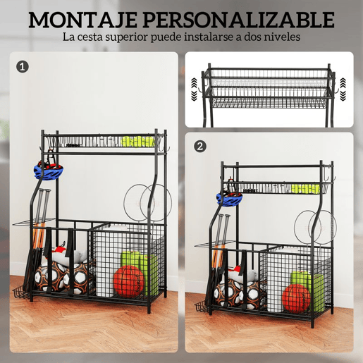 SPORTNOW Organizador de Equipamentos Desportivos Armazenamento de Bolas para Garagem com Cesta Ganchos Removíveis e Faixas Elásticas Suporte para Bolas de Basquetebol Futebol para Casa Ginásio 92x42x109 cm Preto