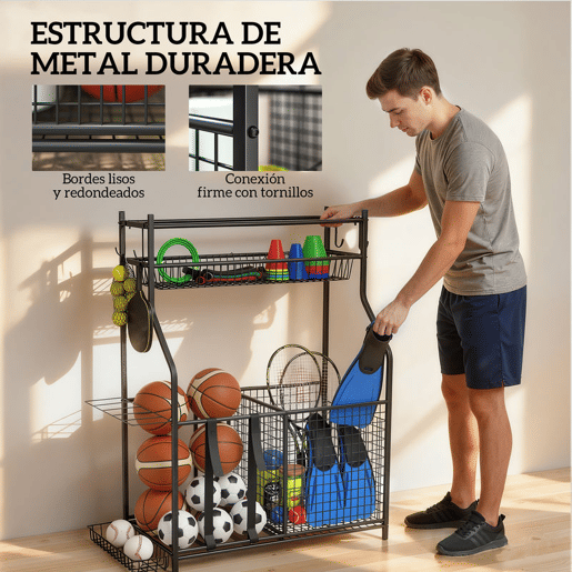 SPORTNOW Organizador de Equipamentos Desportivos Armazenamento de Bolas para Garagem com Cesta Ganchos Removíveis e Faixas Elásticas Suporte para Bolas de Basquetebol Futebol para Casa Ginásio 92x42x109 cm Preto