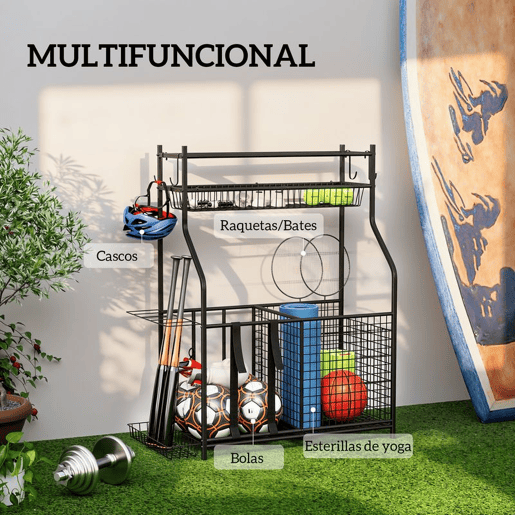 SPORTNOW Organizador de Equipamentos Desportivos Armazenamento de Bolas para Garagem com Cesta Ganchos Removíveis e Faixas Elásticas Suporte para Bolas de Basquetebol Futebol para Casa Ginásio 92x42x109 cm Preto