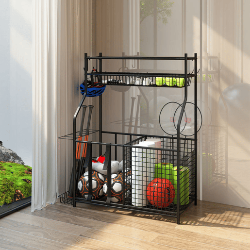 SPORTNOW Organizador de Equipamentos Desportivos Armazenamento de Bolas para Garagem com Cesta Ganchos Removíveis e Faixas Elásticas Suporte para Bolas de Basquetebol Futebol para Casa Ginásio 92x42x109 cm Preto
