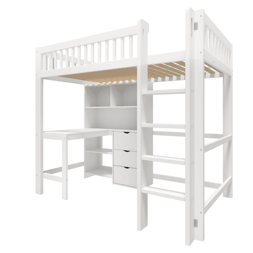 Cama alta 90x200 cm - Com prateleiras, secretária, 3 gavetas, escada - Branca
