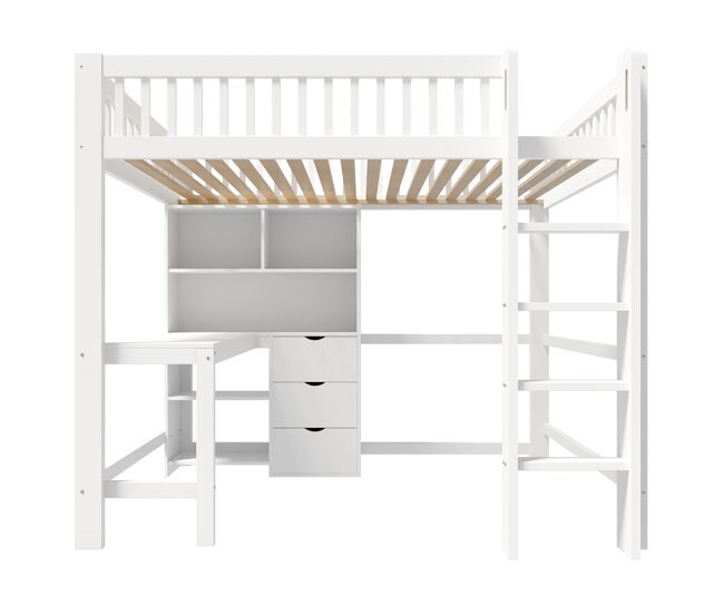 Cama alta 140x200 cm - estante, escalera, escritorio, 3 cajones - blanco