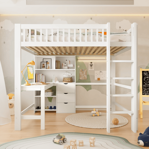 Cama alta 140x200 cm - Estante, escada, secretária, 3 gavetas - Branco