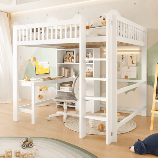 Cama alta 140x200 cm - Estante, escada, secretária, 3 gavetas - Branco
