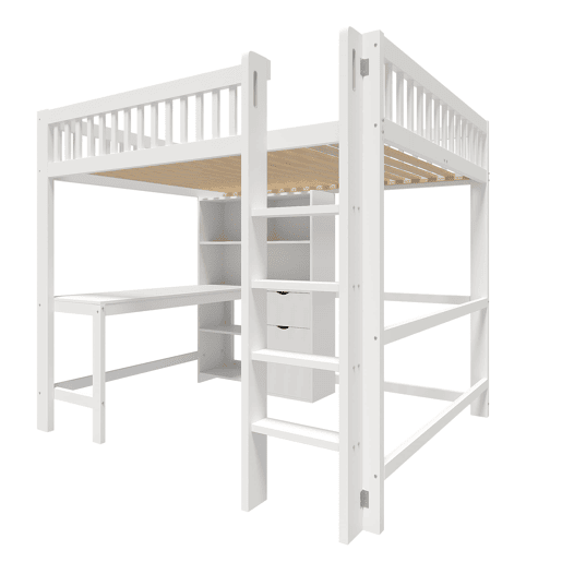 Cama alta 140x200 cm - Estante, escada, secretária, 3 gavetas - Branco