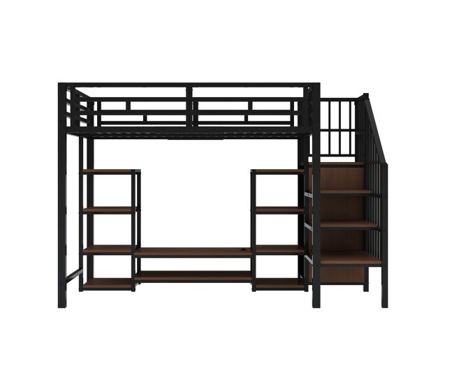 Cama alta 90x200 con soporte para tv, enchufe y escalera de seguridad - combinación metal-madera, negro